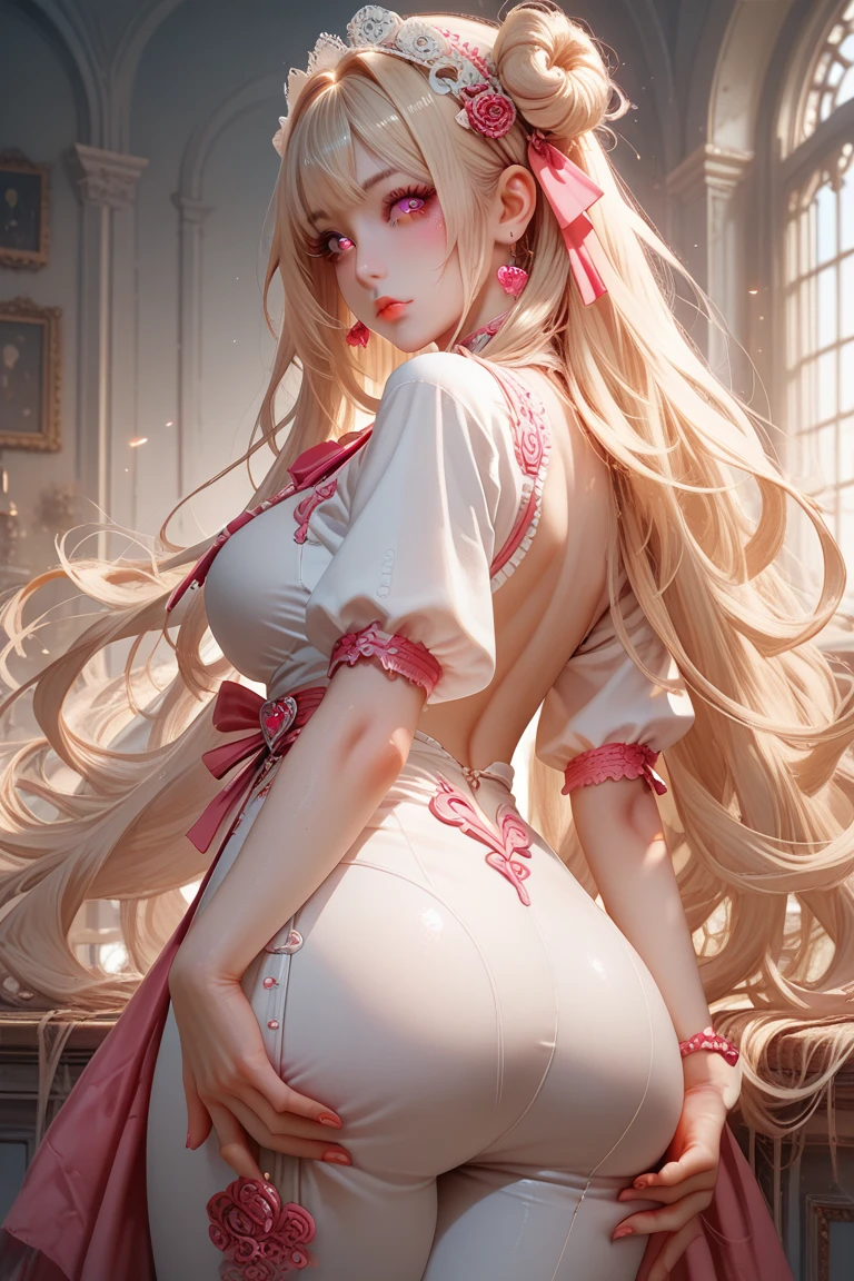 Busty woman with a good ass very well detailed blonde with very bright and tight white Lycra clothes looking at you provocative long hair dyed with pink crimson eyes different poses more sensual