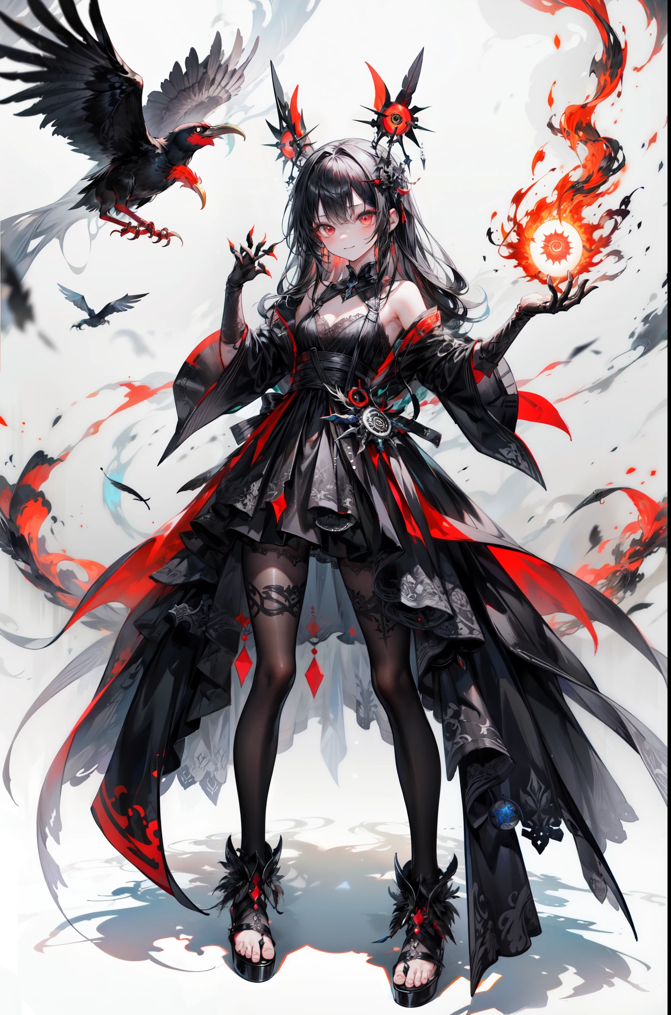 long black hairアートステーション, white background, Standing in the Wilderness,whole body、Black Gauntlets、 long black hair、 triumphant smile、Small breasts、, As if smoke and shadows were given shape, , Dancing crow feathers, Many glowing red eyes, Shadow Claw, Supernatural Lightning and Fire , ((Black Sun)), 8k high resolution, trending art station , whole body,Black Feather Dress、 A swirl of countless crimson eyed crows