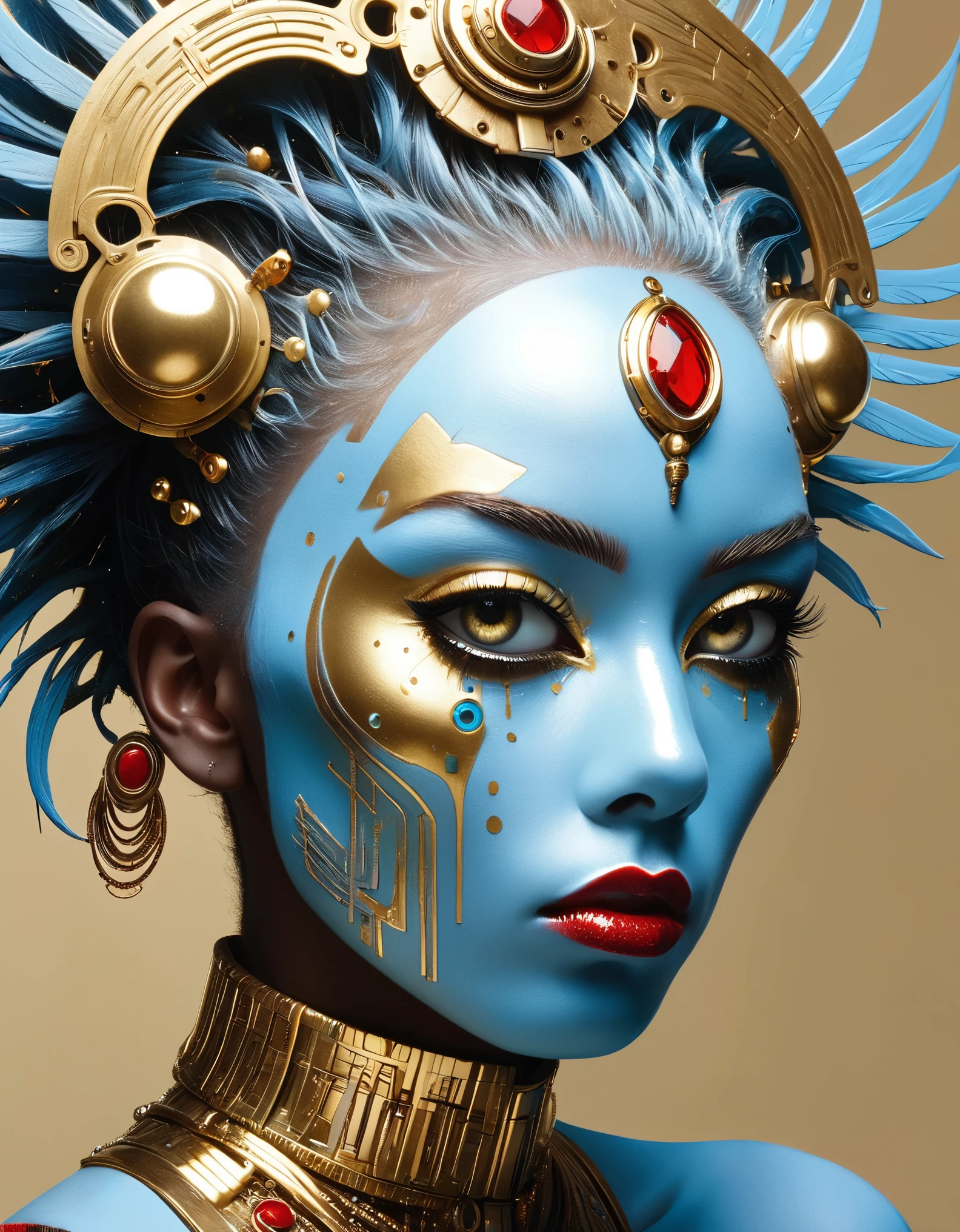 in the style of cyberpunk futurism, African influence , Cru etam , light blue and gold , Michael Creese, steelpunk, Michael Hussar, white background, better quality, high quality , editorial photo, an absurdity, masterpiece, intricate detail , film grain, intense red