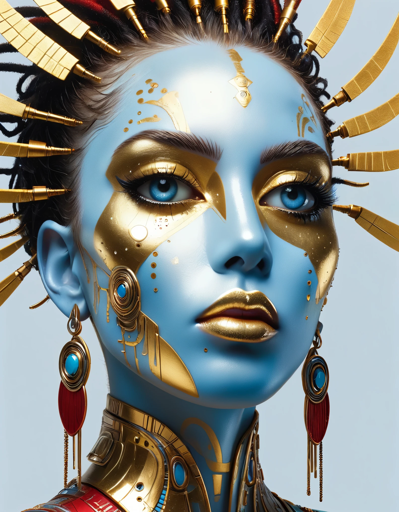 in the style of cyberpunk futurism, African influence , Cru etam , light blue and gold , Michael Creese, steelpunk, Michael Hussar, white background, better quality, high quality , editorial photo, an absurdity, masterpiece, intricate detail , film grain, intense red