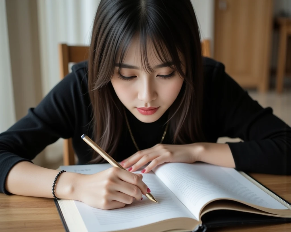 FLUX,east asian woman,High image quality (8k image quality), high definition, outstanding work, appropriate subject depth, appropriate focus, Leica camera quality, RAW image quality, realistic、A woman studying at her desk、Detailed pupils, detailed lips, perfect hand, perfect finger、Perfect nails, detailed hands, detailed fingers, detailed nails