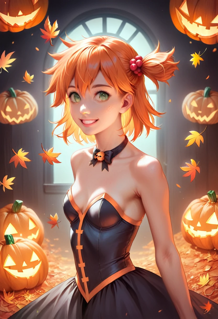 Misty_pokemon , Berry Short,Orange Hair, one side up hair ,Big green eyes, beautiful smile,Small breasts,Skinny , akane's . A wonderful Halloween event, a girl in a halloween costume, detailed face, beautiful detailed eyes, extremely detailed face and features, longeyelashes, pumpkin carving, candies, autumn leaves, dramatic lighting, dark fantasy, cinematic lighting, ornate halloween decorations, masterpiece, (best quality,4k,8k,highres,masterpiece:1.2),ultra-detailed,(realistic,photorealistic,photo-realistic:1.37), halloween, spooky, dark,