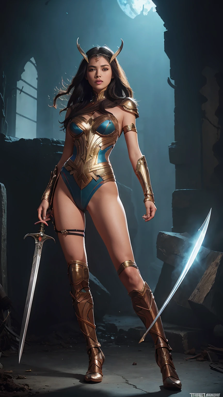 ((Full body photo, standing, feet on the ground)) a woman dressed as a warrior holding a sword, gal gadot sexy painting, fishnets, tyler edlasy art, fantasy woman, gal gadot as hell lord, zenescope, a very beautiful berserker woman, magali villeneuve', as seen on artgerm, very beautiful barbarian, artgerm julie bell beeple, 4k fantasy art, with bangs, a headband
