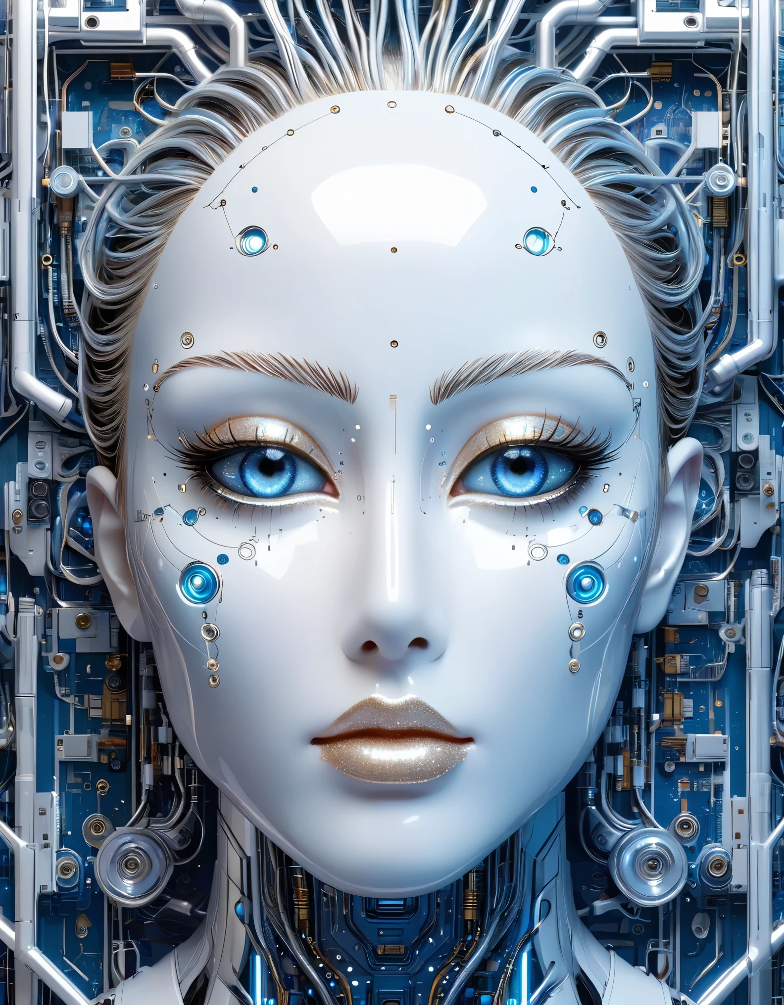 A highly detailed digital illustration of a futuristic humanoid robot face, centered in the frame with a neutral expression. The figure's skin is pale white and smooth, featuring intricate light blue circuit-like patterns across the forehead, cheeks, chin, neck, and shoulders. These geometric designs resemble electrical pathways or circuits, giving the appearance of advanced technology integrated into the human form. The robot has striking azure blue eyes with bright highlights, gazing directly at the viewer with an intense and contemplative look. Its features are finely detailed, including prominent cheekbones, slightly parted lips revealing a small gap between them, and well-defined eyebrows. The background is plain white, enhancing the focus on the central figure and creating a clean, minimalistic aesthetic. Surrounding the head are various light blue lines and dots that form a network of connections, resembling digital circuits or nodes, which enhance the cybernetic theme. The lighting is soft and even, illuminating the face without harsh shadows, contributing to the overall futuristic and technological mood of the artwork.