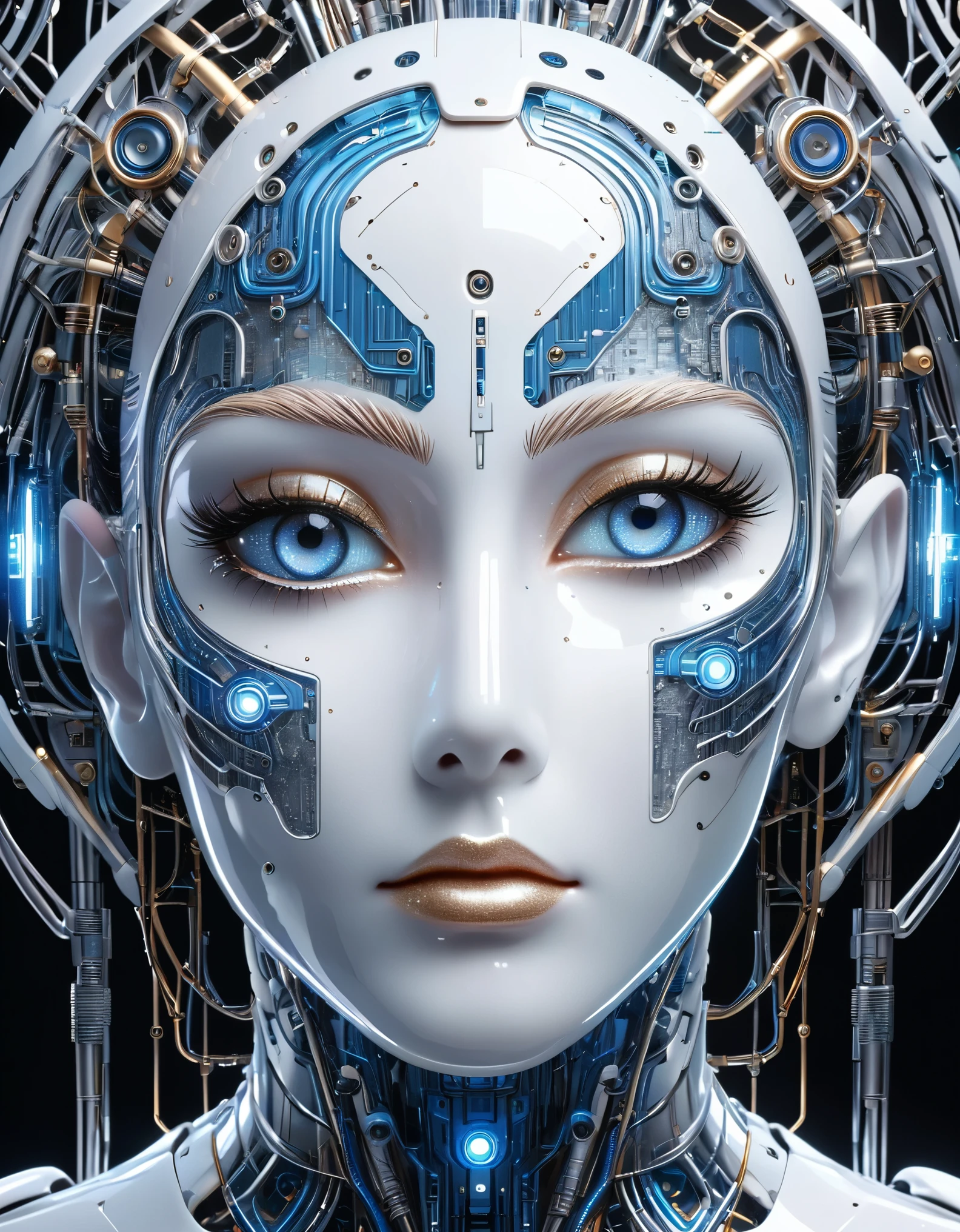 A highly detailed digital illustration of a futuristic humanoid robot face, centered in the frame with a neutral expression. The figure's skin is pale white and smooth, featuring intricate light blue circuit-like patterns across the forehead, cheeks, chin, neck, and shoulders. These geometric designs resemble electrical pathways or circuits, giving the appearance of advanced technology integrated into the human form. The robot has striking azure blue eyes with bright highlights, gazing directly at the viewer with an intense and contemplative look. Its features are finely detailed, including prominent cheekbones, slightly parted lips revealing a small gap between them, and well-defined eyebrows. The background is plain white, enhancing the focus on the central figure and creating a clean, minimalistic aesthetic. Surrounding the head are various light blue lines and dots that form a network of connections, resembling digital circuits or nodes, which enhance the cybernetic theme. The lighting is soft and even, illuminating the face without harsh shadows, contributing to the overall futuristic and technological mood of the artwork.