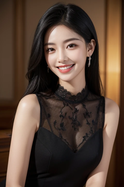 (extra detailed body、extra detailed face、best qualtiy:1.2)、femele、looking at the viewers、(a blond、Black Dress、Fancy accessories、makeups、A smile)、(Ukiyo-e on the background)