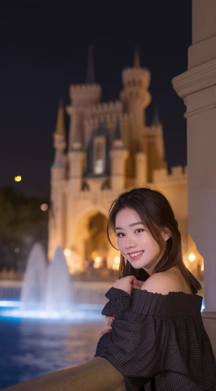 (Lover 1 Girl), (:1.3),175 cm, Disneyland、Cinderella's castle、Night scene background:1.4,fountain、(Looking at the camera:1.2)、 ((Grab the audience's hand)), (masterpiece: 1.3), (Maximum resolution: 1.4), (Ultra HD: 1.2), movie lighting, Ultra HD, (Delicate eyes and skin), (Detailed facial features), north african trade zone, 8K resolution, Perfect style, Beautiful face、Highly detailed face and skin texture、Delicate eyes、Double eyelids、Glitter Eyeliner:1.2、Long face、(White skin:1.4)、sparkly necklace and earrings,Red Rouge:1.2、Shiny lips:1.2、((full-body shot:1.2))、((From a very close distance:1.2))、(Long Cinderella princess dress)、High heel、(Layered Hairstyle、Dark brown hair)、Medium-length hair、(Very friendly smile:1.2)