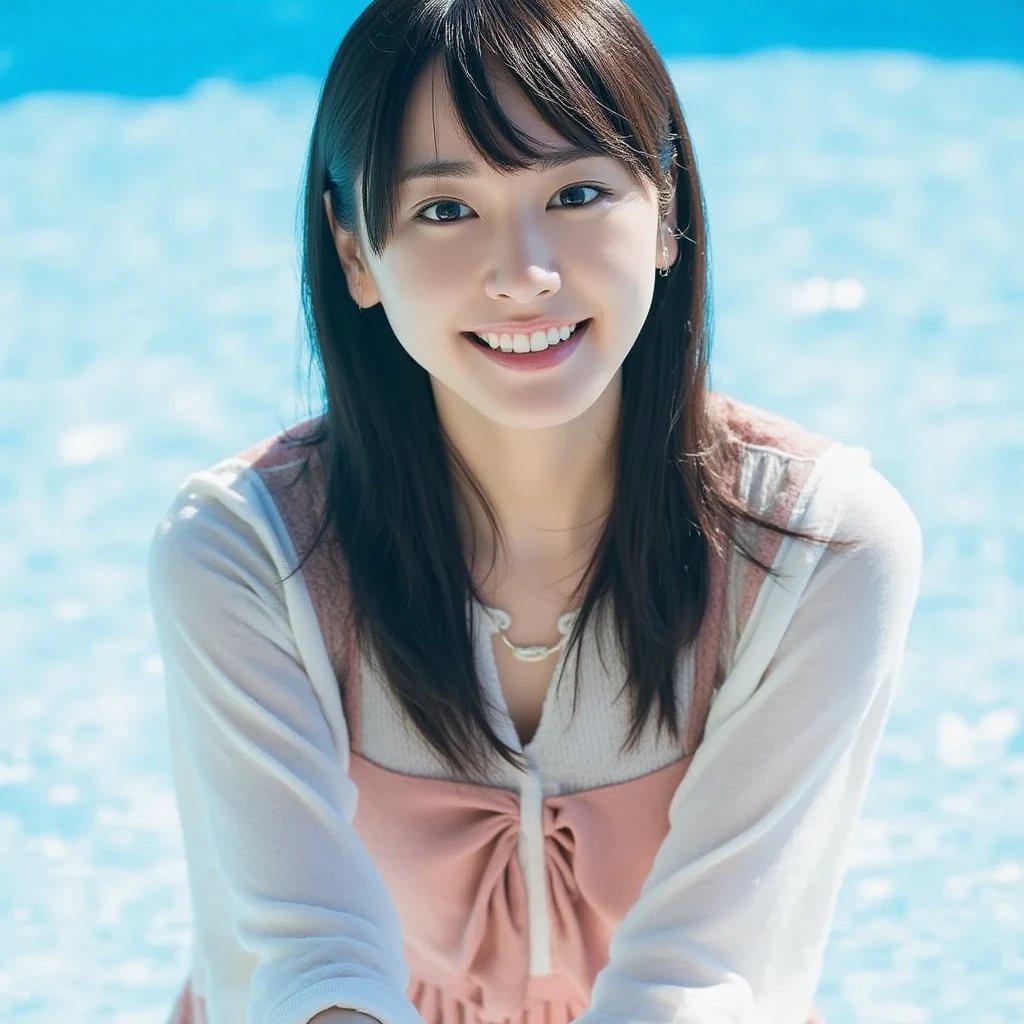 The image is so detailed and incredibly high resolution that it gives the illusion of reality. A photograph of an adult Japanese woman, beautifully charming and attractive, captured at a poolside. Her face is in sharp focus, and she gazes at the viewer with a warm and gentle smile. Her fair skin glows in the sunlight, highlighting her slender figure and slim waist, with medium-sized breasts. Her long black hair cascades elegantly around her shoulders, enhancing her beauty. She is facing directly towards the camera, basking in the sunlight. The composition emphasizes that only her upper body is visible, from the knees up, with the serene pool and bright blue sky creating a relaxing atmosphere in the background.,(micro bikini:1.4)