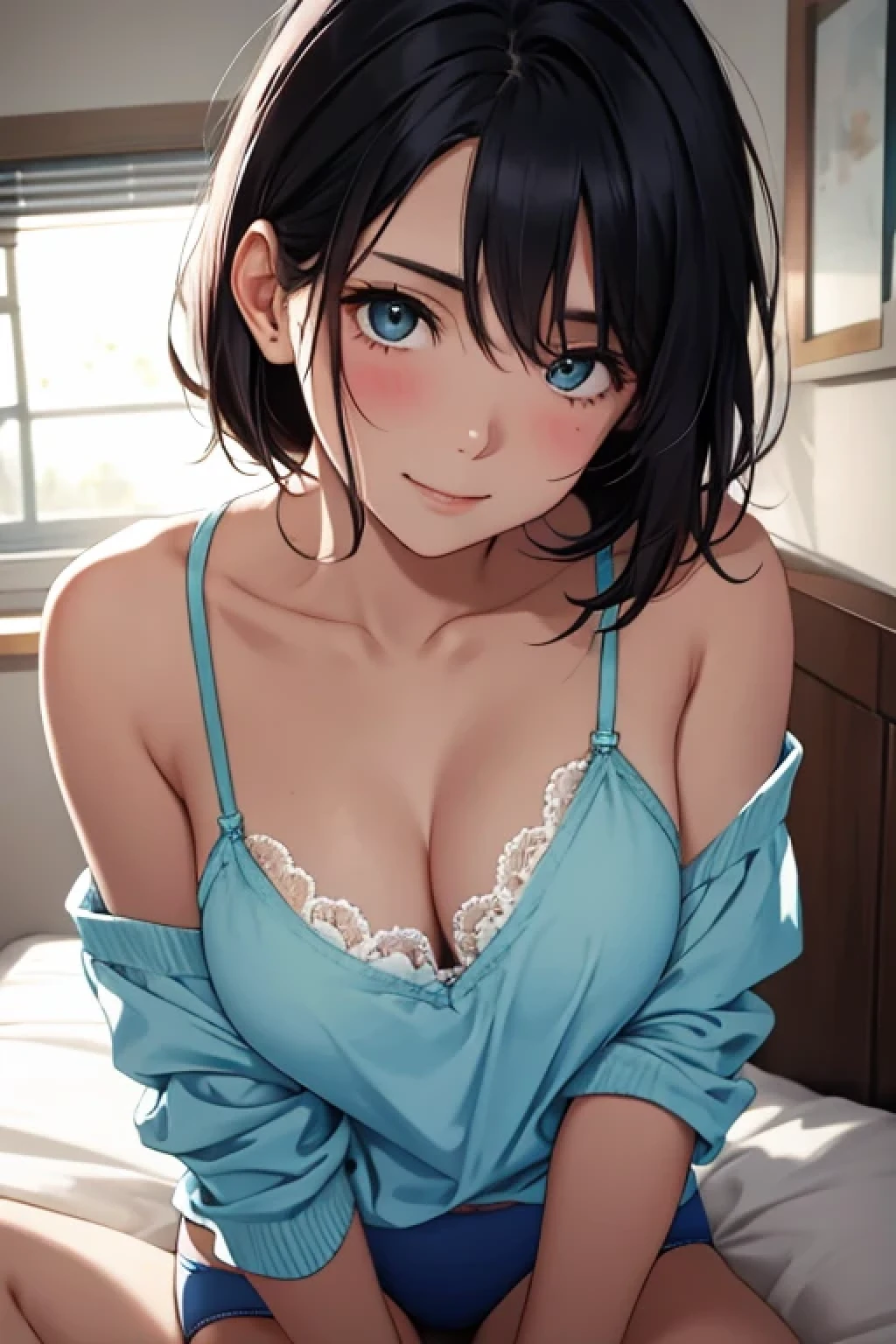 Beauty, Navy Blue Hair,short hair(Inward Curling Bob) ,blue eyes,A navy blue dress that looks like underwear, Large Breasts、blue earrings,In close range、blue necklace