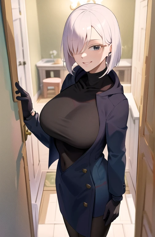 masterpiece, better quality, highres, fiona1, spy x family, Hair_on_one_eye, Alone,  black gloves , black cloak buttons hoodie  ,  ,   large breasts , mulher possuida por one vilão ela está  sorrindo , cowboy shot,  open coat, Bra, penties, stupid,  inside the house , Standing admiring her body 