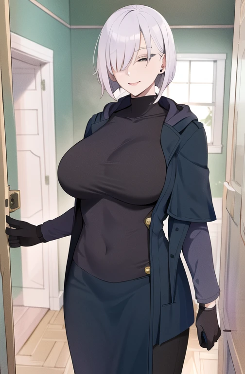 masterpiece, better quality, highres, fiona1, spy x family, Hair_on_one_eye, Alone,  black gloves , black cloak buttons hoodie  ,  ,   large breasts , mulher possuida por one vilão ela está  sorrindo , cowboy shot,  open coat, Bra, penties, stupid,  inside the house , Standing admiring her body 