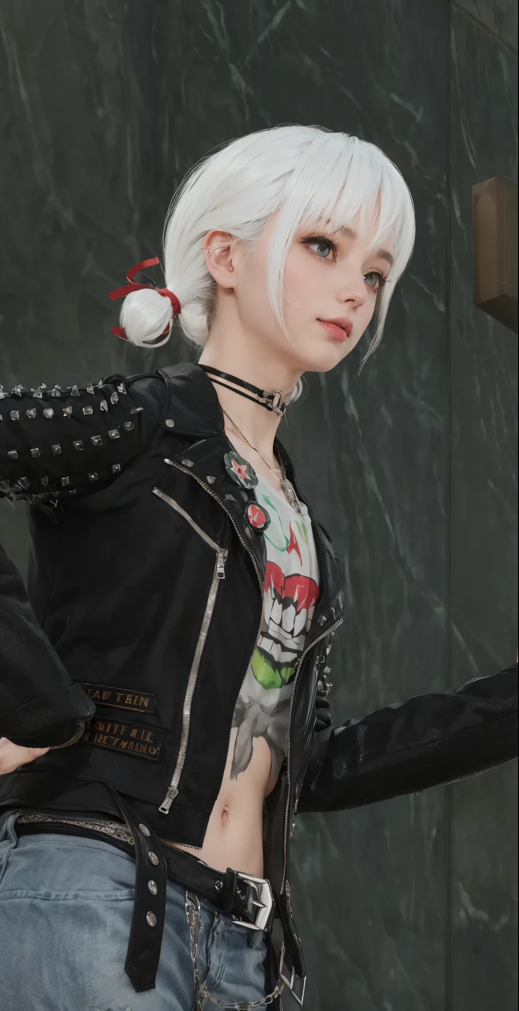 masterpiece, best quality, (realistic,photo-realistic:1.4), (RAW photo:1.2), extremely detailed CG unity 8k wallpaper, delicate and beautiful, amazing,finely detail, official art, absurdres, incredibly absurdres, Large breasts, huge filesize, ultra-detailed,extremely detailed eyes and face,light on face,miorine rembran,(little smile),(white hair:1.4),(short pony tail hair:1.4),(ahoge:1.4),(wearing rock band fashion, lather jacket:1.5),(marble wall background:1.4)