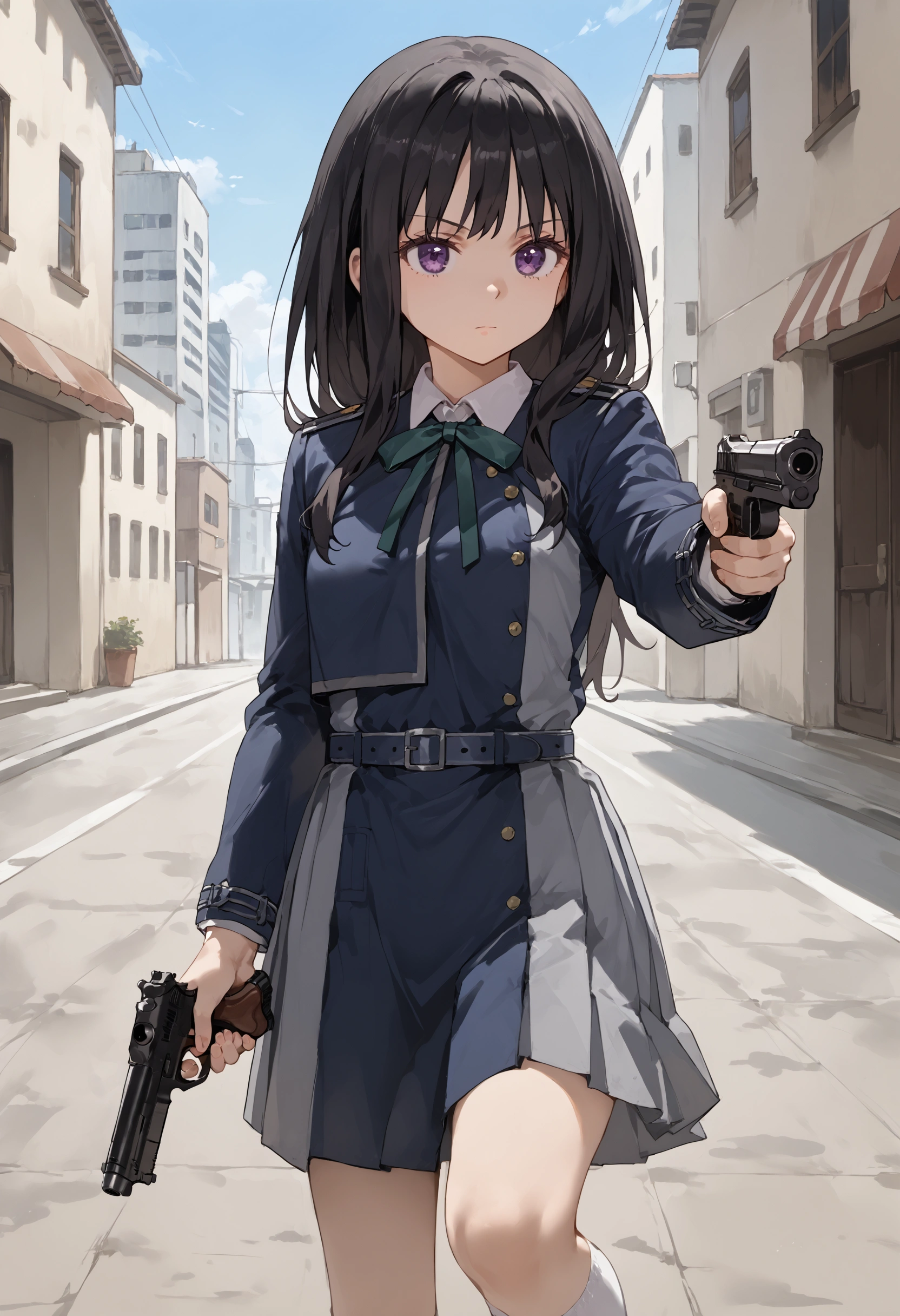 score_9, score_8_up, score_7_up, source_anime,Inoue_Takina,1girl, solo, purple eyes, lycoris uniform, long hair, blue dress, pleated dress, black hair, dress, socks, grey dress, two-tone dress, shirt, white shirt, outdoor, collared shirt, belt, green ribbon, neck ribbon, long sleeves, ribbon, blue belt, white socks,holding,holding gun, weapon,gun,holding weapon,holding,handgun,aiming