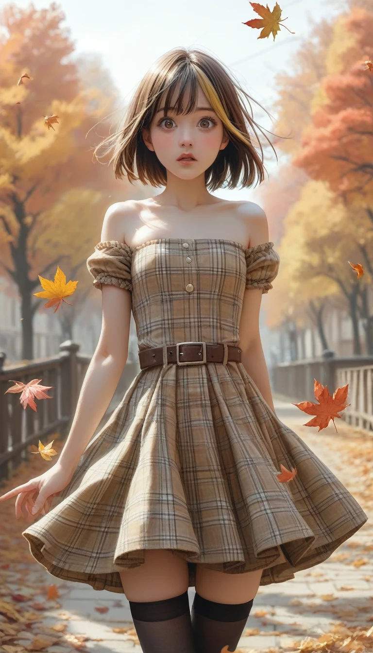 score_9, score_8_up, score_7_up, score_6_up, 
1girl, 25 years old, perfect face, looking at viewer, cute, petite, 
dark eyes, 
bob cut, inverted bob, streaked hair, brown hair, yellow hair, floating hair, 
plaid clothes, plaid dress, brown dress, green dress, belt, strapless dress, 
petticoat, 
black thighhighs,
autumn, autumn leaves, 
blush, groin, no panties,
surprised, panic, embarrassed, open mouth, pussy peek, covering privates, wind, wind lift, cover mouth,