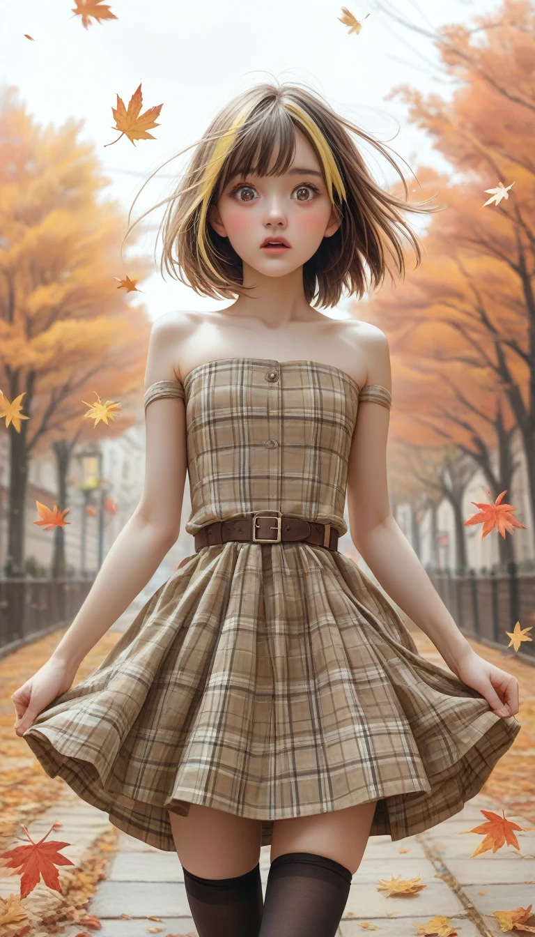 score_9, score_8_up, score_7_up, score_6_up, 
1girl, 25 years old, perfect face, looking at viewer, cute, petite, 
dark eyes, 
bob cut, inverted bob, streaked hair, brown hair, yellow hair, floating hair, 
plaid clothes, plaid dress, brown dress, green dress, belt, strapless dress, 
petticoat, 
black thighhighs,
autumn, autumn leaves, 
blush, groin, no panties,
surprised, panic, embarrassed, open mouth, pussy peek, covering privates, wind, wind lift, cover mouth,