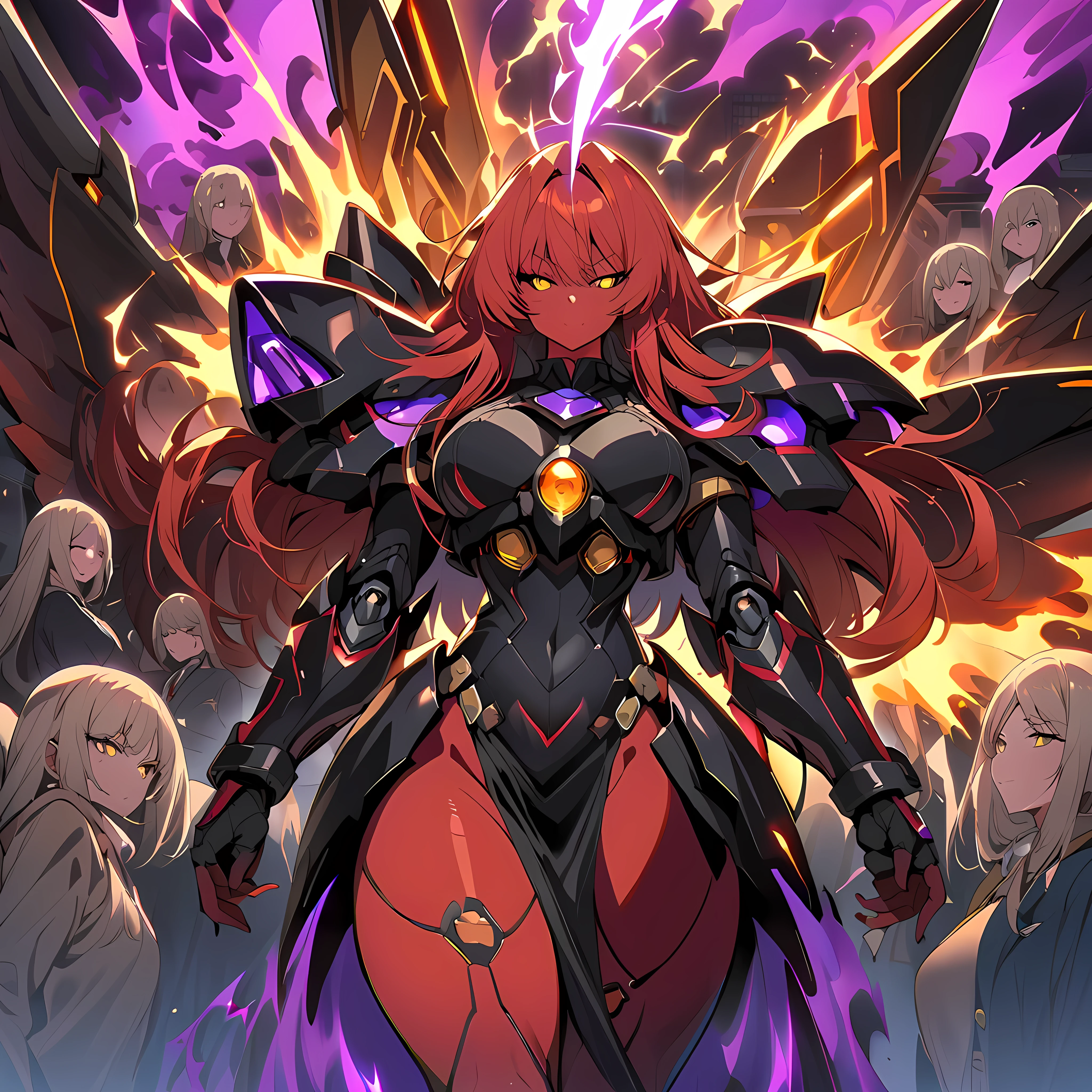 Anime, high detailed, multiple womans, mature womans, dark Ebony mecha armor, large mechanical wings, evil grin, large clawed Gauntlet, red skin, curvy body, long mechanical tail,black sclera、Colored sclera、crimson Colored skin、Yellow Eyes, elongated pupils, Mature Woman、Black-purple aura、womans surrounding, powering-up, energy around