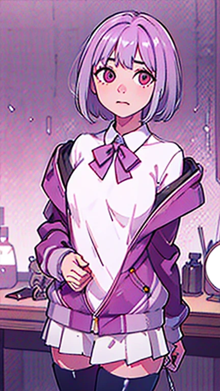 Akaneshinjou, Shinjo Akane,   light purple hair , ( pink-eyed :1.2),  short hair,
to break black pantyhose, bow, collared shirt, hood, hooded jacket, jacket, open clothes, open jacket, open shirt, pantyhose, purple bow, purple jacket, , shirt,  the sleeves cover the cuffs, unbuttoned shirt, white shirt,
to break indoors, city,
to break looking at viewer, to break (masterpiece:1.2), the highest quality, high resolution,  Unity 8k, (figure:0.8), ( Detailed and beautiful eyes :1.6),  Highly detailed face ,  Perfect lighting , very detailed CG, (  perfect hands , perfect anatomy),