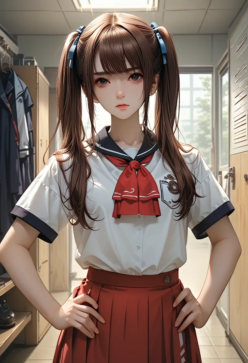 ultra-detailed,highly detailed,best quality,masterpiece,illustration, 
The image features an anime-style character with llong brown hair twintails The character is wearing a white sports shirt with red accents and a matching red skirt. The setting appears to be a locker room or a sports equipment room, as there are clothes and uniforms hanging in the background. The character's pose, with hands on hips and a slightly tilted head, suggests confidence or curiosity. The lighting is soft, casting gentle shadows and giving the scene a somewhat realistic touch despite its animated nature.