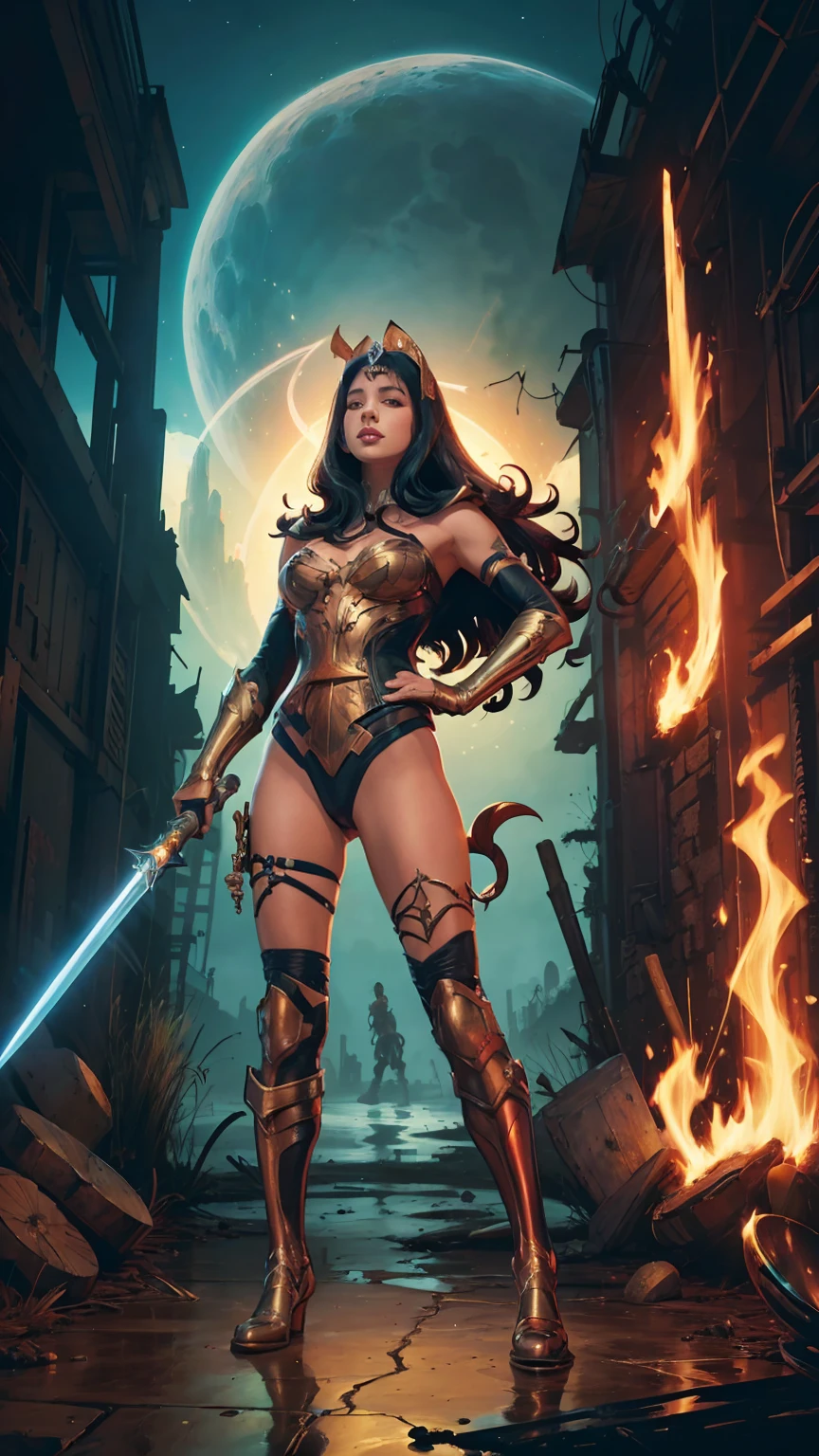 ((Full body photo, standing, feet on the ground)) a woman dressed as a warrior holding a sword, gal gadot sexy painting, fishnets, tyler edlasy art, fantasy woman, gal gadot as hell lord, zenescope, a very beautiful berserker woman, magali villeneuve', as seen on artgerm, very beautiful barbarian, artgerm julie bell beeple, 4k fantasy art, with bangs, a headband
