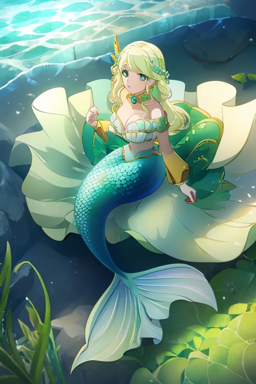 ((Best Quality)), ((masterpiece)), ( Details),  1 girl, Light blonde, Emerald Green_eye, Big Breasts,  mermaid, mermaid, seabed, Full Body, Seashell Bra