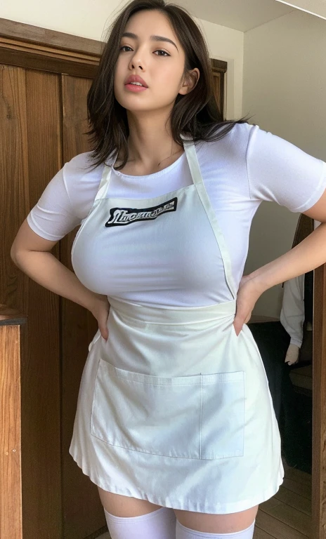 (Best Quality, 4K, Masterpiece: 1.3), Pretty Woman, 1Girl, Flare-open, Abs: 1.1, Dark Brown Hair: 1.1, (Rain Wet, Rain Wet, Wet Body: 1.2), Ultra-Detail Face, Detail Lips, Detail Eyes, Double Eyelids, (((wearing a white apron))) more detailed white apron, short black skirt, thigh high stockings, wesring a white beater,  huge breasts, bigger breasts, round Perky breast, plump breasts,(((enormously gigantic ))), tiny waist, (((bigger breasts))) breasts bursting out of shirt, breast popping out, soft breasts, inside, in a bed room, inside sons room, inside teenager room, boys bed room, women Standing further back in the room, women stand in doorway, one door, 1 women,