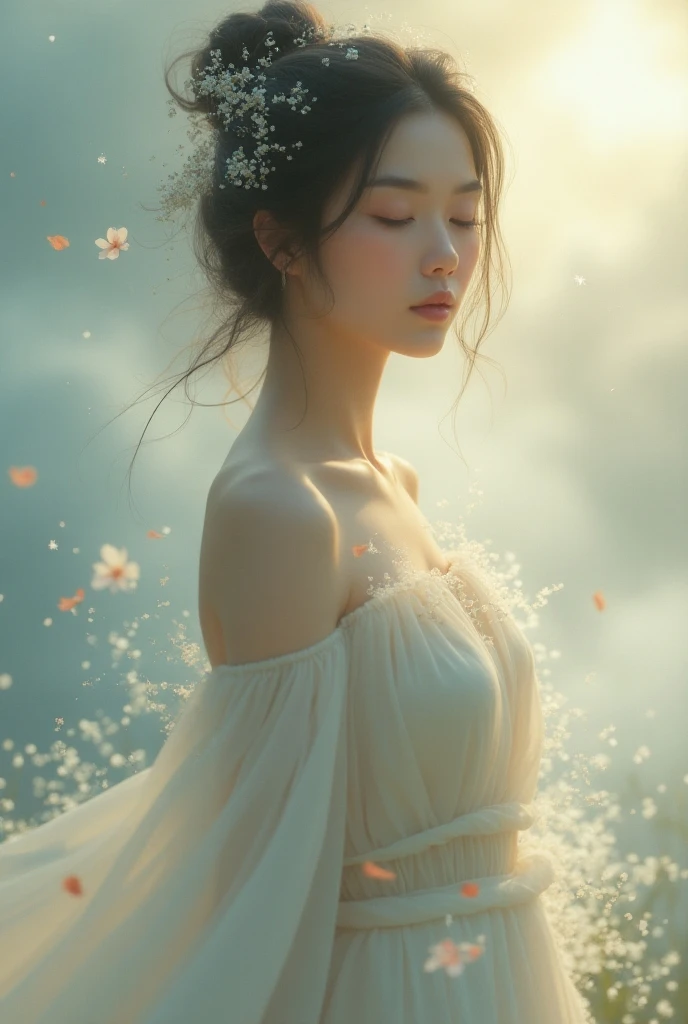 Light jade tone,simple white background, lighting effect, minimalist, elegant, pure gentle, soft light, photorealistic. a pregnant women (collarbone, shoulders) posing (praying and standing) with The hyper-giant lotus with huge and long petals (petal made of a thin and soft tulle fabric, flowy petals fully background, floating petals, hyper-flying petals, smoke effect mix with petal), lotus dress.