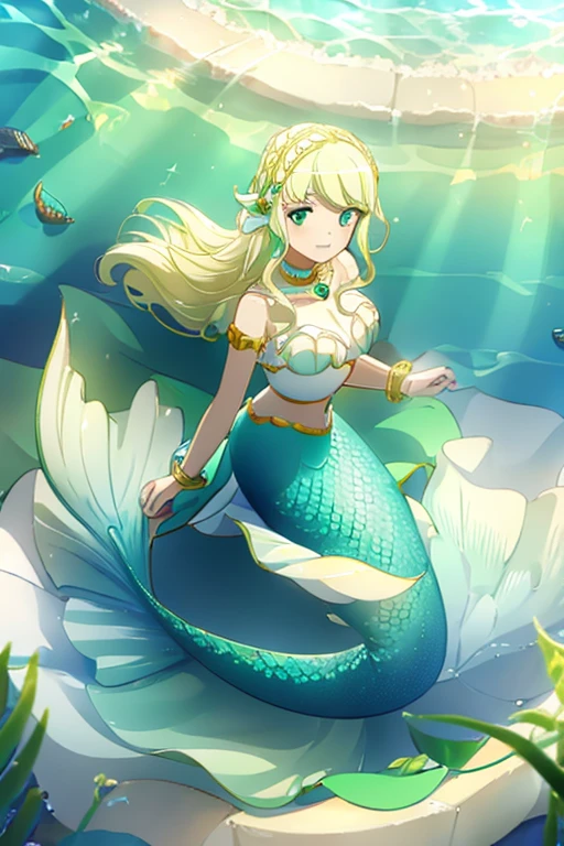 ((Best Quality)), ((masterpiece)), ( Details),  1 girl, Light blonde, Emerald Green_eye, smile, Sister, Big Breasts,  mermaid, mermaid, seabed, Full Body, Seashell Bra,  upper body_naked