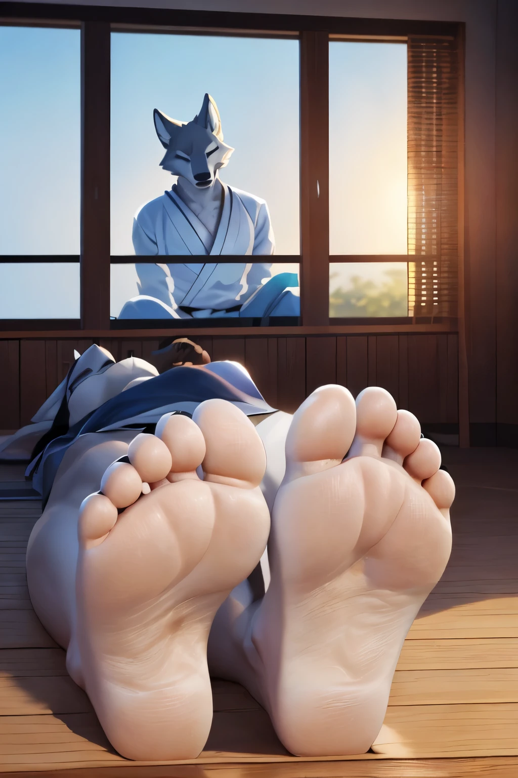 Shiro_ogami, Shiro_BNA,((Shiro_ogami)), ((Shiro_BNA)) with closed eyes, red tongue is lying down, visible feet, humandoid feet (five toes) (long nails) (dead)) (Closed eyes) ((black nails) ((black soles)) (feet focus) (dead) (death) (defeated) ((sleeping)) (clean face) (warm light) 4k ((closed mounth)) Füße sind im Fokus und sind sehr groß im Bild ((big feet)) (long nails) ((closed mounth, tonque out)) ((black soles)) (wolf tail) ((white SOLES)) ((Shiro_ogami)) ((BNA)) ((five toes)) ((Shiro_BNA)) (In a dojo with a wooden floor, with exterior windows, a very bright evening)