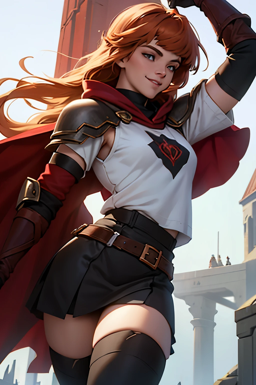 an eighteen year old girl, pale white skin, long wavy hair with light copper colored bangs, cute divine beauty, perfect body, she is wearing a black t-shirt with a skirt, she is wearing a dark red cloak with a hood, stockings gray pants, shoulder pads, red gloves, she is on the side formal pose, small smile, close up image