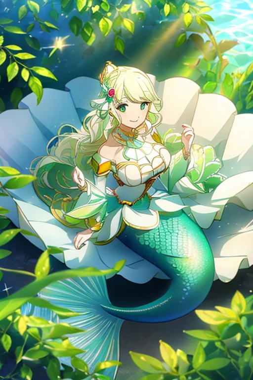 ((Best Quality)), ((masterpiece)), ( Details),  1 girl, Light blonde, Emerald Green_eye, smile, Sister, Right Hand _Rose as a hair ornament, Big Breasts,  mermaid, mermaid, seabed, Full Body, Seashell Bra,  upper body_naked, (Big Breasts:1.4), smile, liberation_mouth, Viewers_look