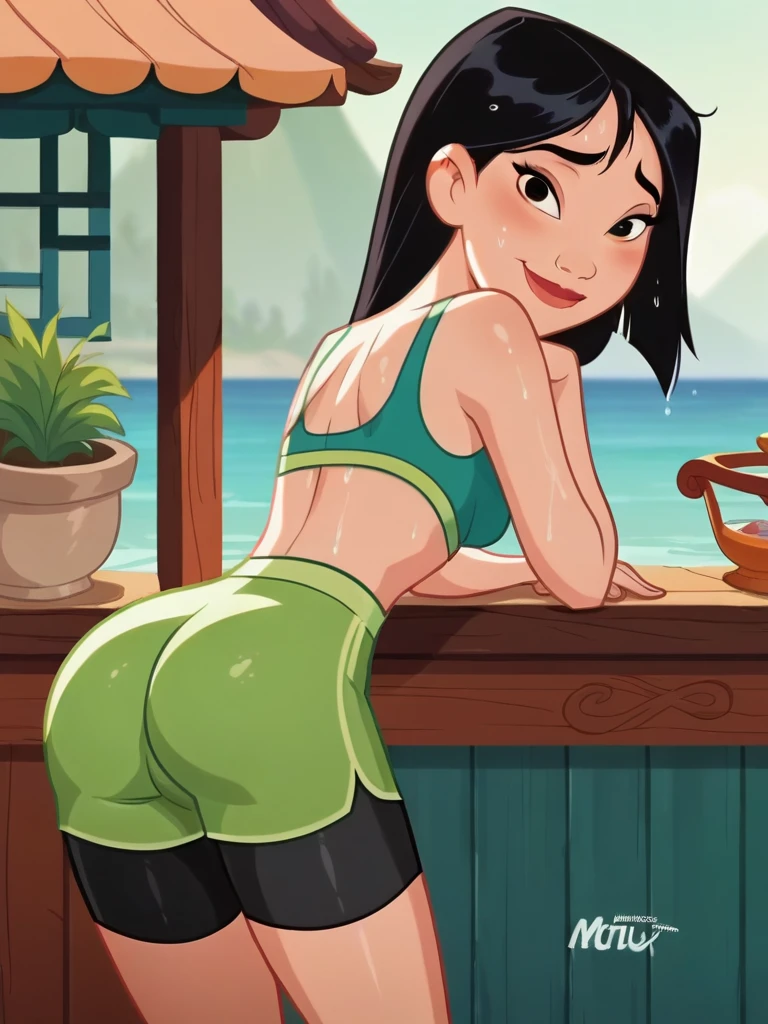 score_9, score_8_up, score_7_up, score_6_up, MulanXLP, screencap, Disney, smile, Asian, Chinese girl, green sport bra, bike shorts, small breasts, narrow waist, looking at viewer, cowboy shot, cartoon, cute, solo, disney, standing, bent over, morning, ocean, in city, wet skin, wet hair, shy, tired, back view,
 