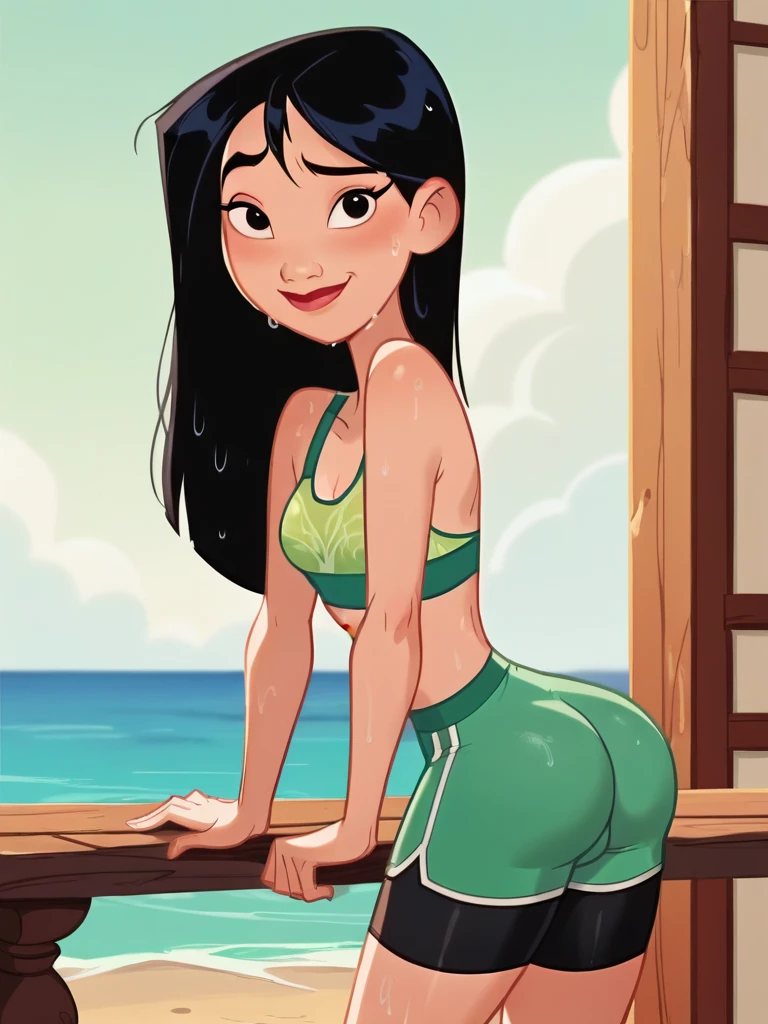 score_9, score_8_up, score_7_up, score_6_up, MulanXLP, screencap, Disney, smile, Asian, Chinese girl, green sport bra, bike shorts, small breasts, narrow waist, looking at viewer, cowboy shot, cartoon, cute, solo, disney, standing, bent over, morning, ocean, in city, wet skin, wet hair, shy, tired, back view,
 