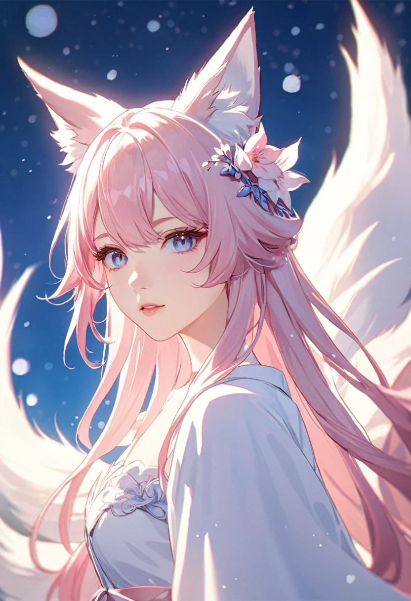 Nine snow-white fox tails (1.0), milky fox tail (1.0), fox close-up of nine tails, nine-tails, nine-tails, anime girl with pink hair and pink dress with flowers on her hair, very beautiful anime fox girl, beautiful anime fox girl, beautiful fantasy anime, guweiz, anime girl with fox ears, beautiful anime girl, very beautiful and cute fox girl, pink flower rain, background blur, anime style 4 K, anime fantasy artwork, 4k anime wallpaper, Artwork in the Guvez style