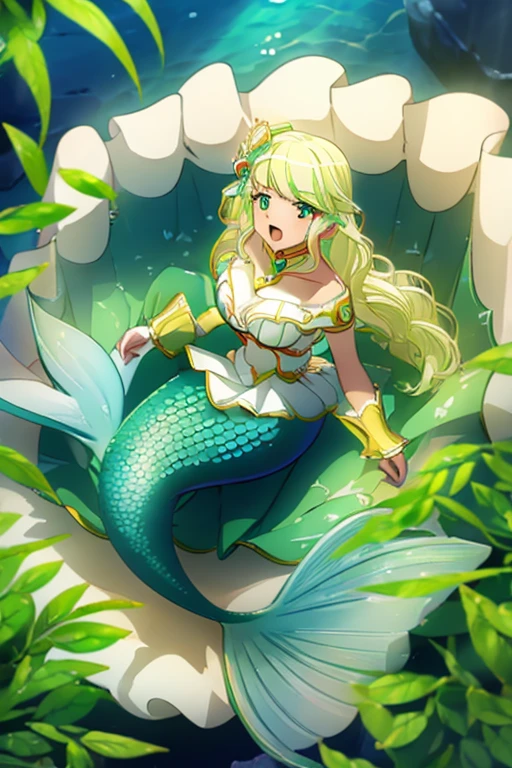 ((Best Quality)), ((masterpiece)), ( Details),  1 girl, Light blonde, Emerald Green_eye, smile, Sister, Right Hand _Red Rose,Hair ornament, Big Breasts,  mermaid, mermaid, seabed, Full Body, Seashell Bra,  upper body_naked, (Big Breasts:1.2), open_mouth, Viewers_look