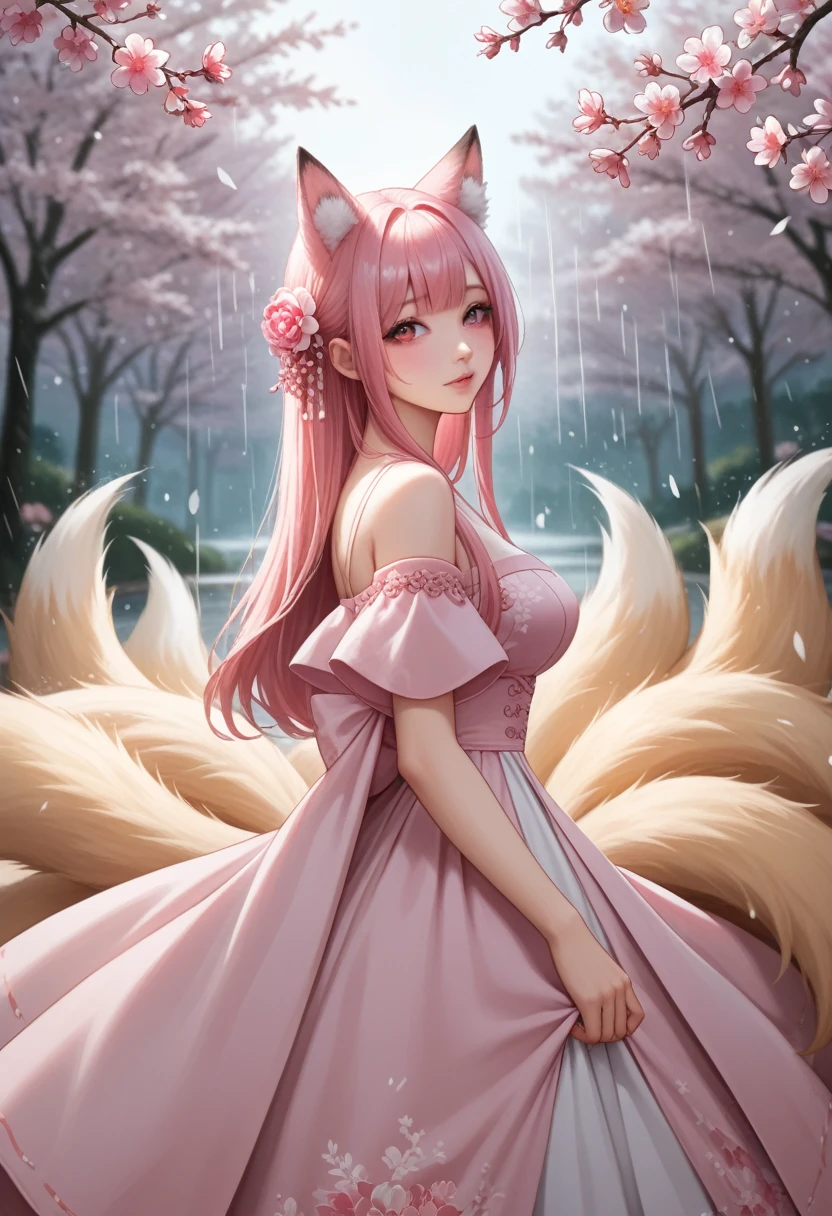 Nine snow-white fox tails (1.0), milky fox tail (1.0), fox close-up of nine tails, nine-tails, nine-tails, anime girl with pink hair and pink dress with flowers on her hair, very beautiful anime fox girl, beautiful anime fox girl, beautiful fantasy anime, guweiz, anime girl with fox ears, beautiful anime girl, very beautiful and cute fox girl, pink flower rain, background blur, anime style 4 K, anime fantasy artwork, 4k anime wallpaper, Artwork in the Guvez style