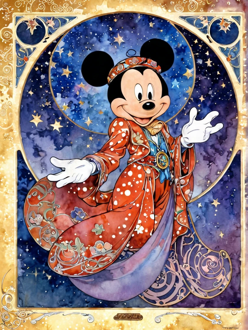 jimf , Art Nouveau Paintings ,  Watercolor ,  Beautiful Mickey Mouse, Alfons Mucha、Star Background、