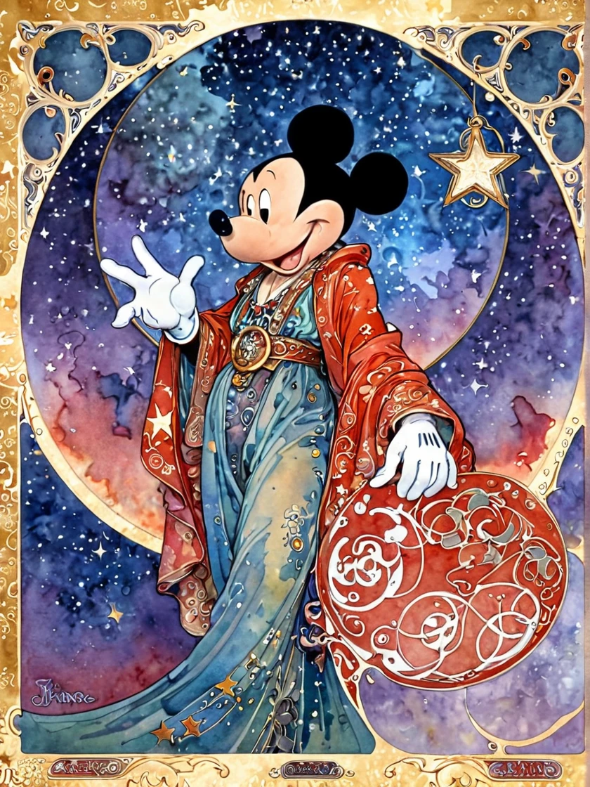 jimf , Art Nouveau Paintings ,  Watercolor ,  Beautiful Mickey Mouse, Alfons Mucha、Star Background、