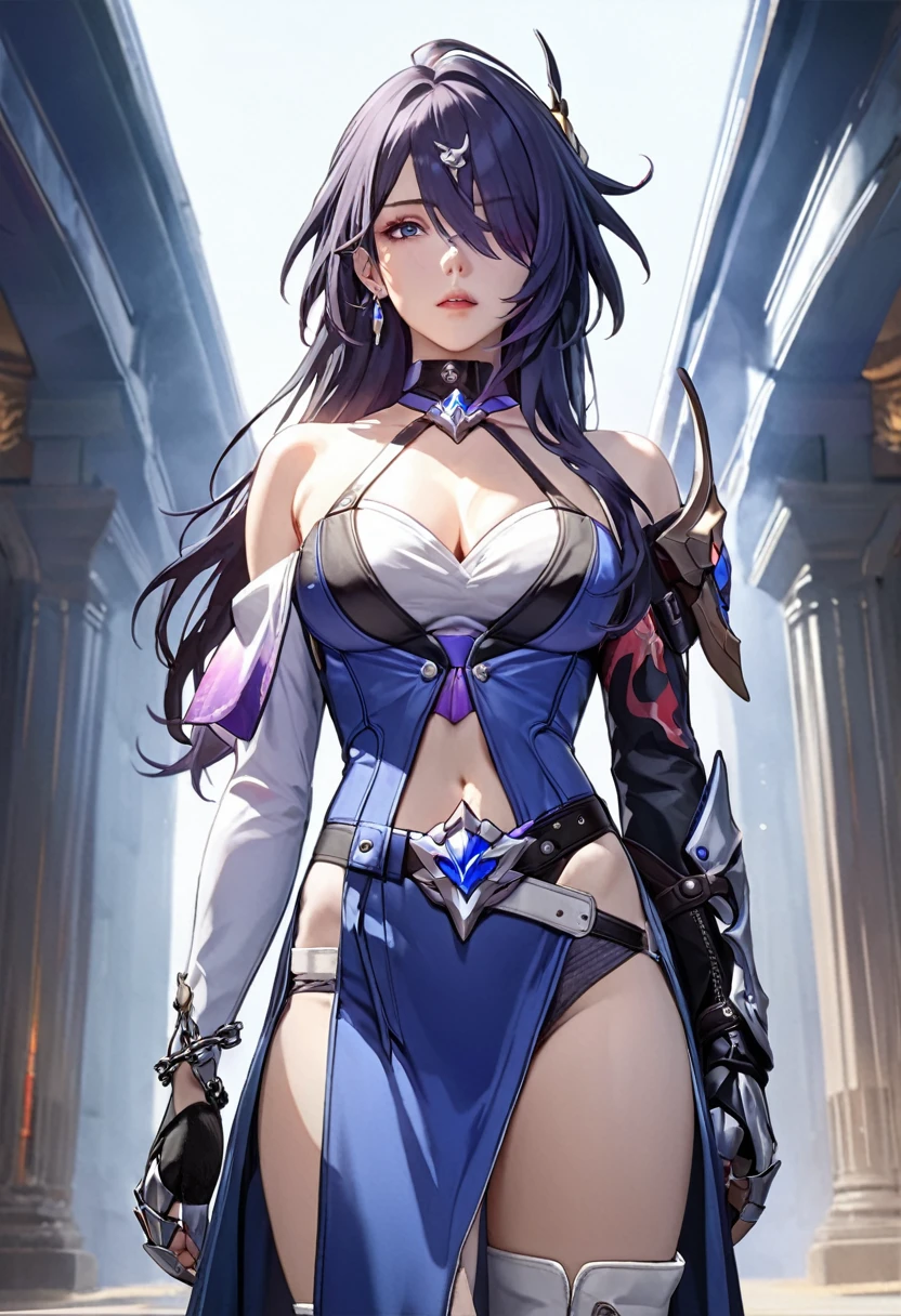 ultra-detailed, 1girl, solo, acheron, honkai star rail, ((masterpiece)), (best quality), (highres), 16K, dark gradient hair, long hair, hair ornament, earrings, masterpiece, best quality, high quality, amazing composition, 1girl, from front, acheron, white asymmetrical clothing, shoulder armor, bare shoulder, brooch, hair ornament, earrings, chained gauntlet, asymmetrical legwear, leather glove, dark gradient hair, flame pattern, cowboy shot,