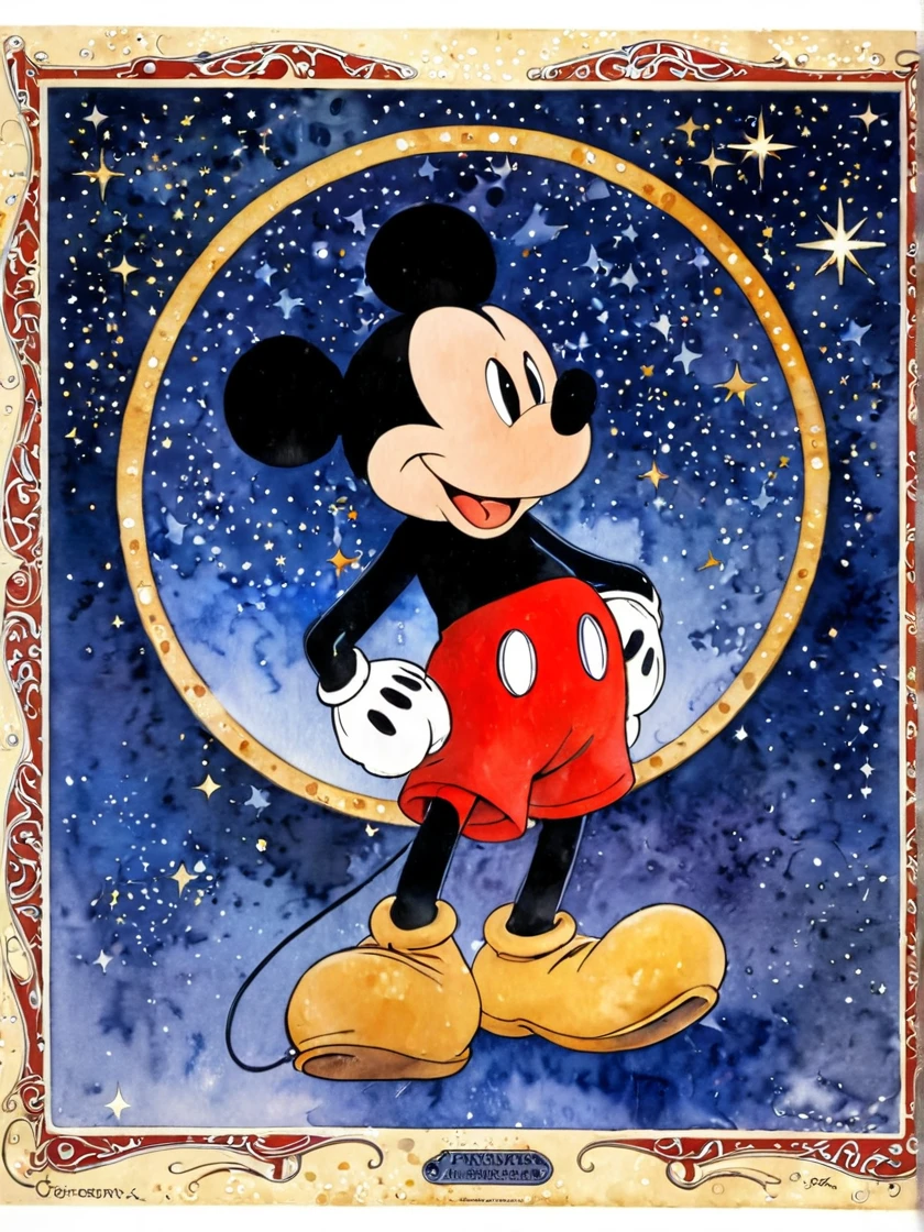 jimf , Art Nouveau Paintings ,  Watercolor ,  Beautiful Mickey Mouse, Star Background、Art Deco、