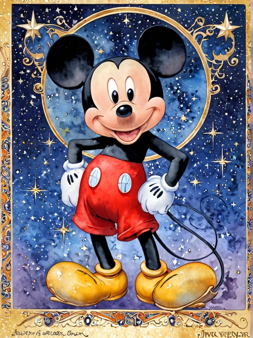 jimf , Art Nouveau Paintings ,  Watercolor ,  Beautiful Mickey Mouse, Star Background、Art Deco、