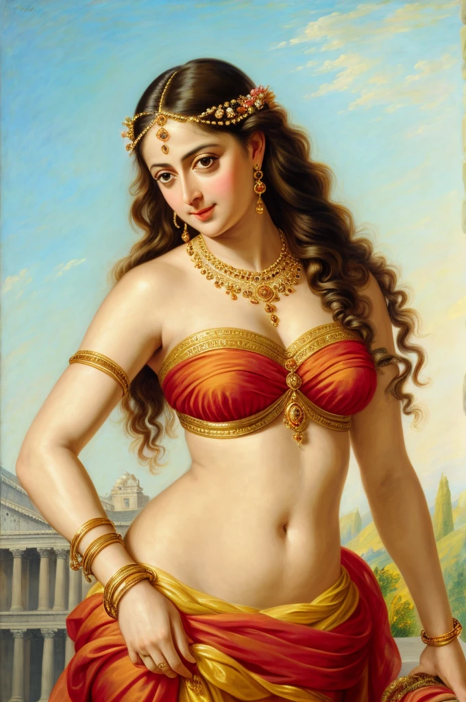 Looks like Anushka Shetty, Masterpiece, Best quality, high clarity eyes, critically flawless,sharp picture, Full portrait, High pixels, perfect face, perfect eyes, beautiful face, perfect hands,perfect fingers, in Peter Paul Rubens style, by Peter Paul Rubens, baroque style, acrylic on canvas, highly detailed, description: "Create a nymph inspired by the tales of Greek or Roman mythology, embodying the essence of a natural element or location, and possessing a unique ability or trait that sets her apart.", strapless Bra of ancient times, strapless bralette, armpits showing, 