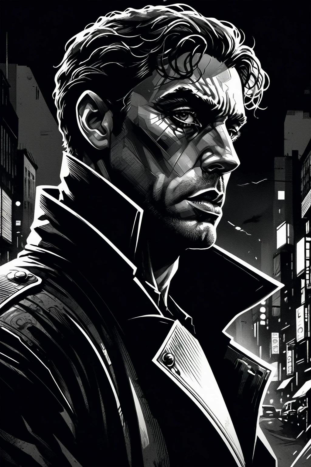 a close up of a person, drawn in a neo - noir style, drawn in a noir style, high contrast illustration, high contrast illustrations, black and white vector art, heroic style, noilm world character design, official illustration, by Pál Balkay, black and white ink style, vectorial art, vector ink drawing, by Jack Boul