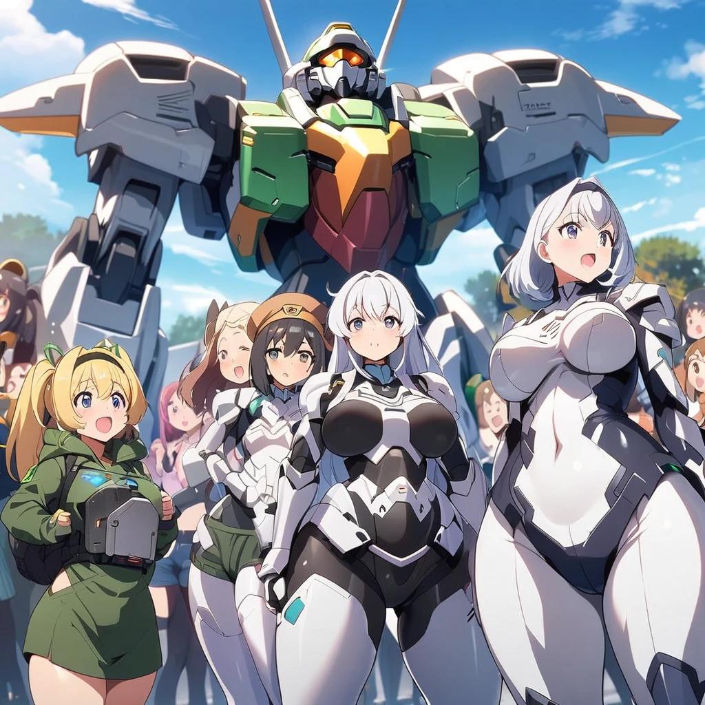 Anime, girls Wearing soft mecha armors, multiple girls, girls surrounding, curvy body