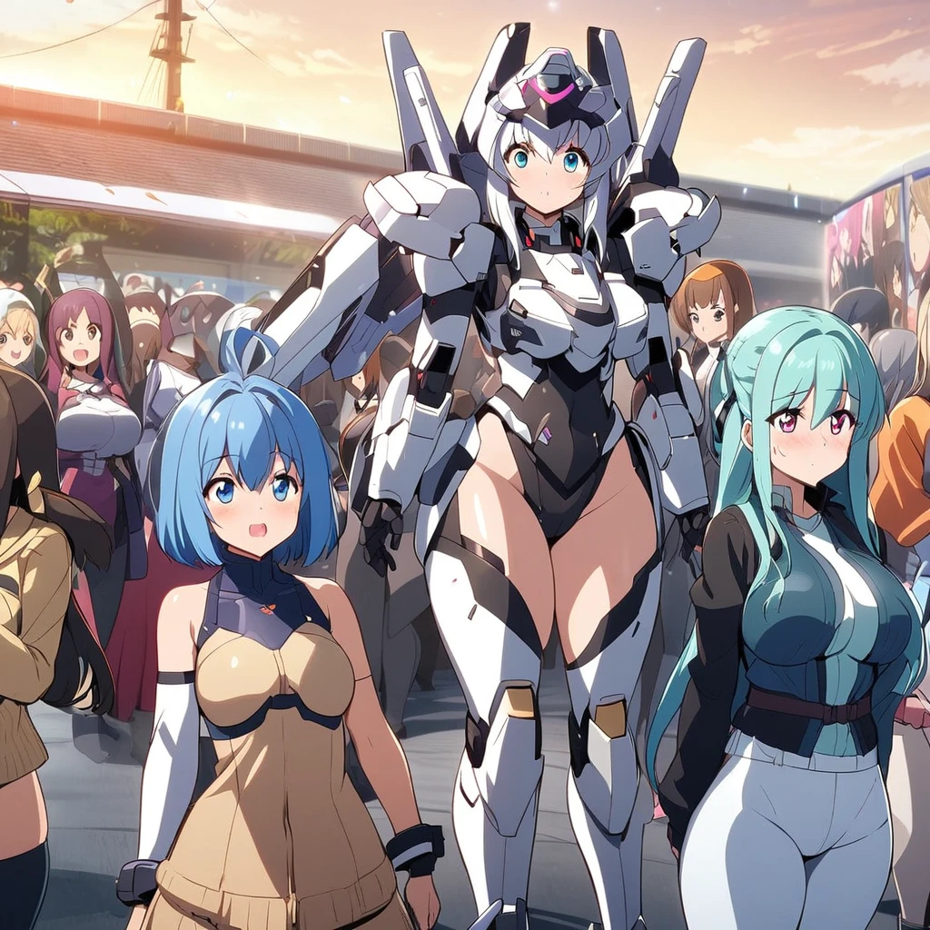 Anime, girls Wearing soft mecha armors, multiple girls, girls surrounding, curvy body