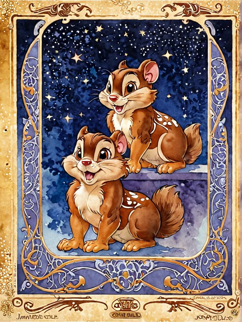 jimf , Art Nouveau Paintings ,  Watercolor , Beautiful Chip 'n' Dale, Star Background、Art Deco、