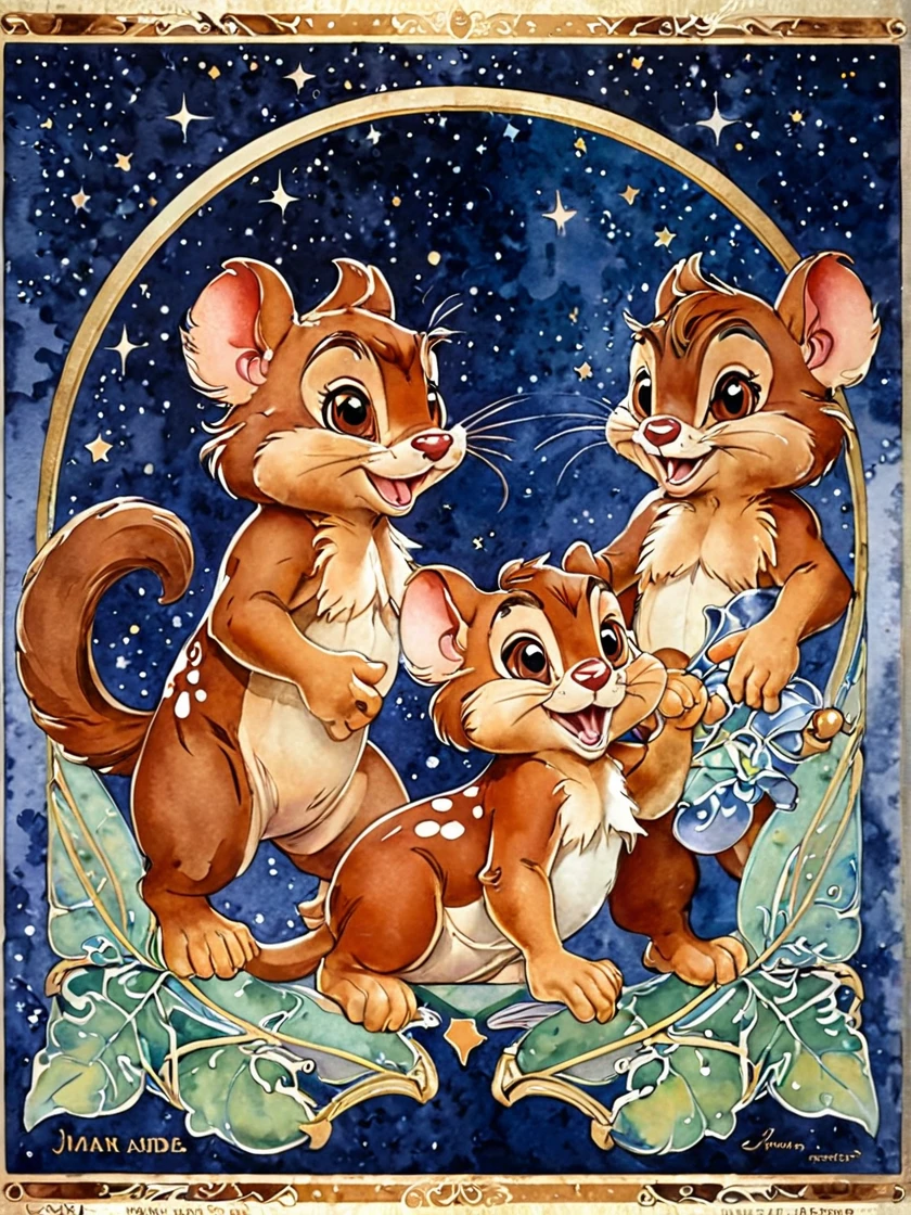 jimf , Art Nouveau Paintings ,  Watercolor , Beautiful Chip 'n' Dale, Star Background、Art Deco、