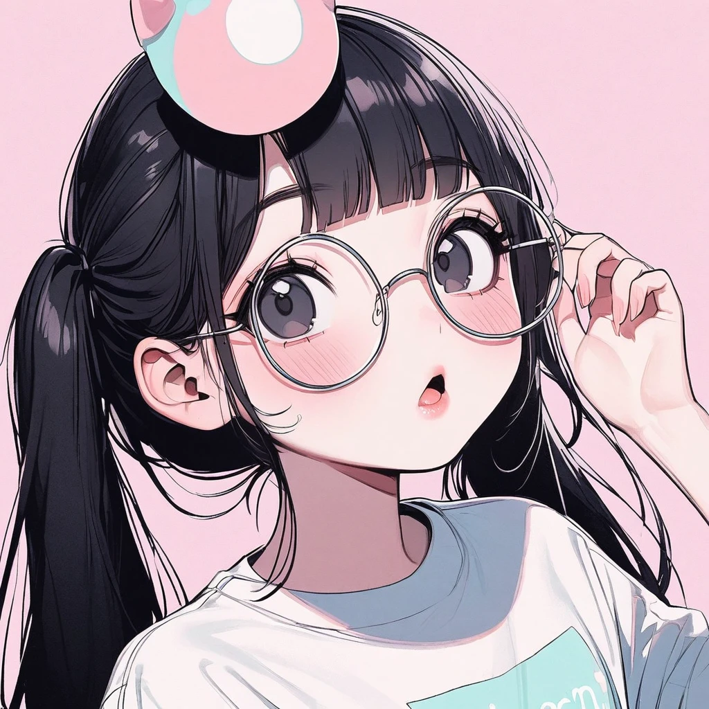 Tiny girl, black hair, black eyes, beautiful, nerdy t-shirt, pastel colors, face close-up, flat, lipgloss, brat, big round glasses, korean, wide mouth, submissive, straight bangs, looking up, pink cheeks, pigtails