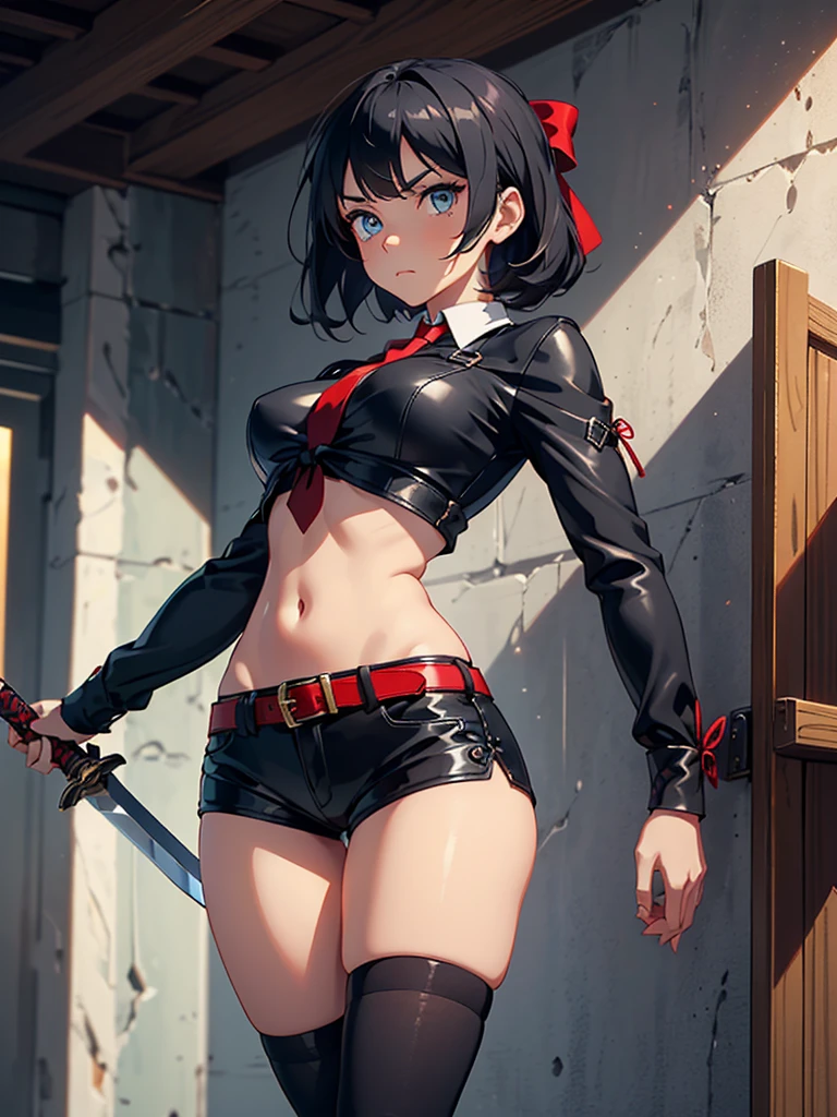 (((masterpiece))), (((best quality))), (((expressive eyes))), (((perfect face))), The image seems to represent (((a young woman))), from an anime, ((((((solo)))))), (((medium hair))), ((((((dark black hair)))))), (((blue eyes))), (((medium breasts))), ((thick thighs)), (((closed mouth))), (((with a serious expression))), she is wearing (((a black and tight leather clothes))) with (((brown belts and buckles))), (((micro shorts))), (((black shorts))), (((black thigh-heeled socks))), the woman also has (((a white collar))), with (((a red ribbon tied in a neck bow))), and her (((black hair is adorned with large red ties))), She carries (((a sword by her side))) and is surrounded by other characters in various clothes in the background. The scenario seems to be a large hall or an interior with a wooden floor and walls, suggesting a medieval or fantasy theme