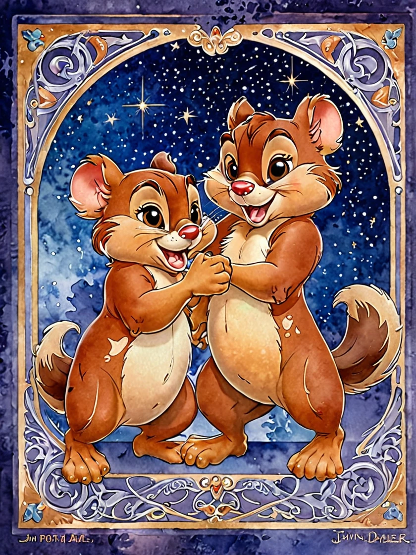 jimf , Art Nouveau Paintings ,  Watercolor ,  Beautiful Chip 'n' Dale, Star Background、Art Deco、Disney Official Art 、