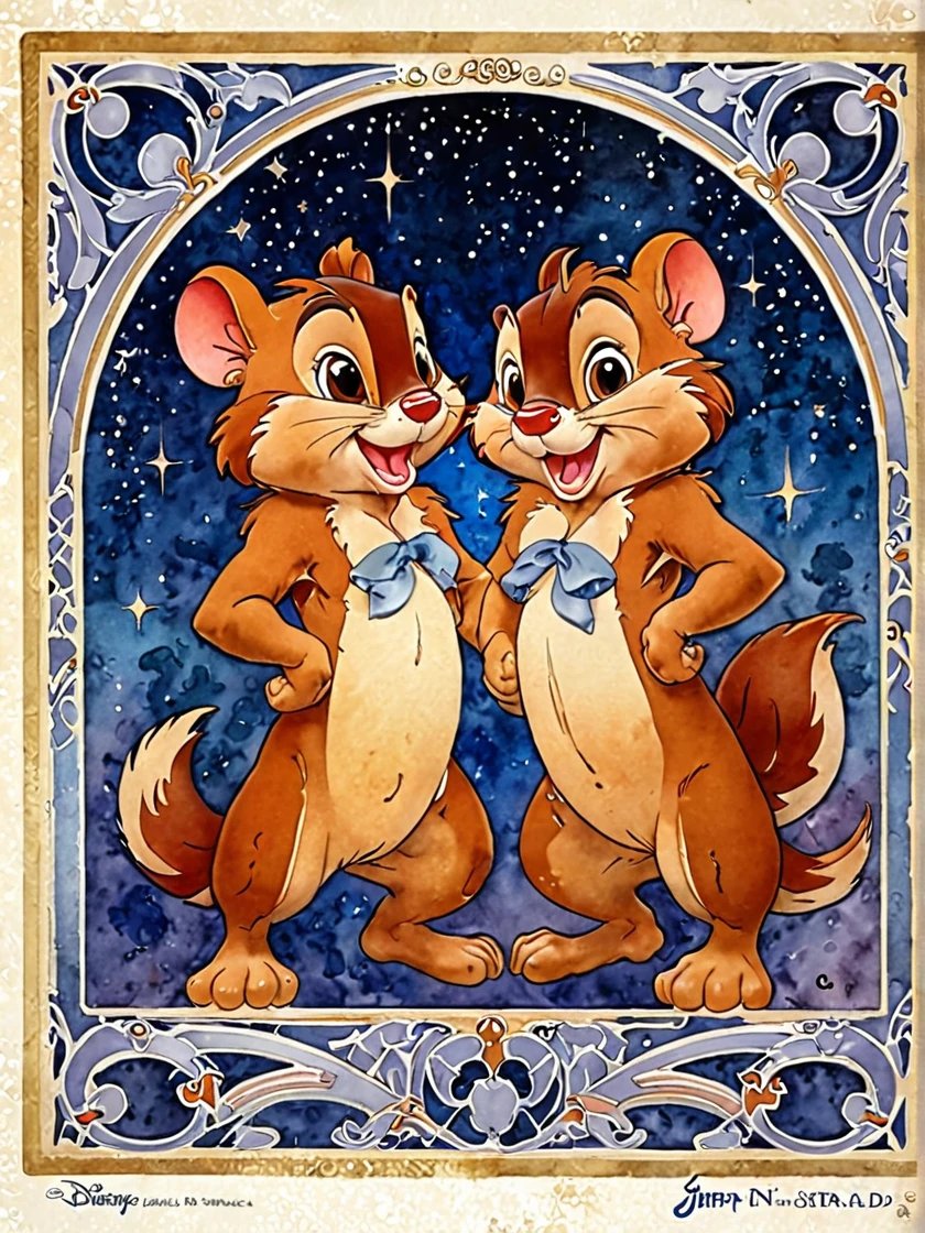 jimf , Art Nouveau Paintings ,  Watercolor ,  Beautiful Chip 'n' Dale, Star Background、Art Deco、Disney Official Art 、